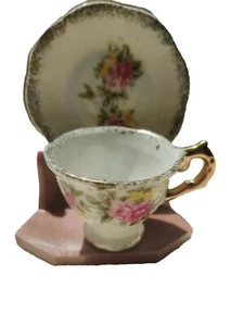Rose And Gold Trimmed Mini Demitasse Cup And Saucer - Picture 1 of 3