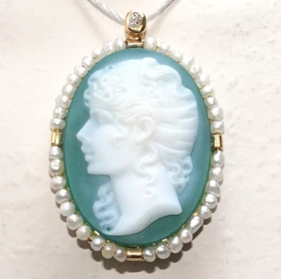 Anhänger Gold Kamee Antik 750/18K Flussperlen + 1 Diam. 0,05 38 x 26 mm - Bild 1 von 4