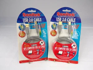 TWO NEW Vintage Sonitek USB 2.0 Cables A / B Plug 6' Gold Series SN-USB06-AM/BM - Picture 1 of 6