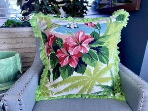 Key West Island Clipper Ship & Hibiscus Barkcloth Pillow Cover Vintage Fabric - Picture 1 of 10