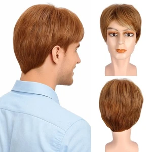 Toupee Short Light Brown Hair Synthetic Layered Straight Wig Costume Party - Photo 1/10