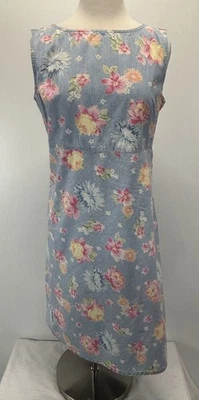 Vtg Liz Claiborne Chambray Denim Look Dress Sz 10 Floral Sheath Cottage Y2K - Image 1 of 4