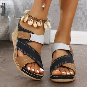 Damen Keilabsatz Espadrille Pantoletten Sandalen Colorblock Kreuzriemen Sommerschuhe - Bild 1 von 22