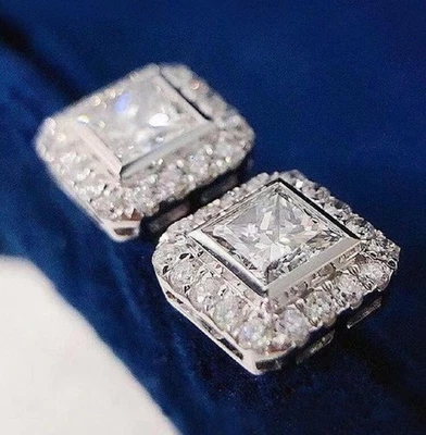 Men Cubic Zirconia Decor Stud Earrings Silver Copper - Image 1 of 4