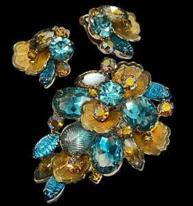 Spilla/spilla e orecchini in vetro stampato lamina Aqua AB topazio strass - Foto 1 di 9