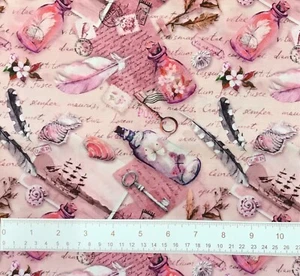 Message in a Bottle Pink Cotton Quilting Fabric Fat Quarters - Picture 1 of 1