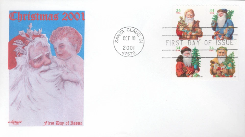 2001 FDC - Scott# 3541-44 - Christmas Santas - Block of 4 - Artmaster - Image 1 of 1