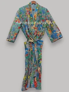 Lujo Artesanal Kantha Hecho a Mano 100% Algodón Gris Kimono Bata Abrigo M L XL - Imagen 1 de 20