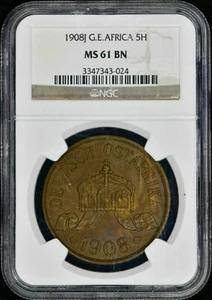 1908 J German East Africa 5 Heller NGC-MS61 BN - Picture 1 of 2