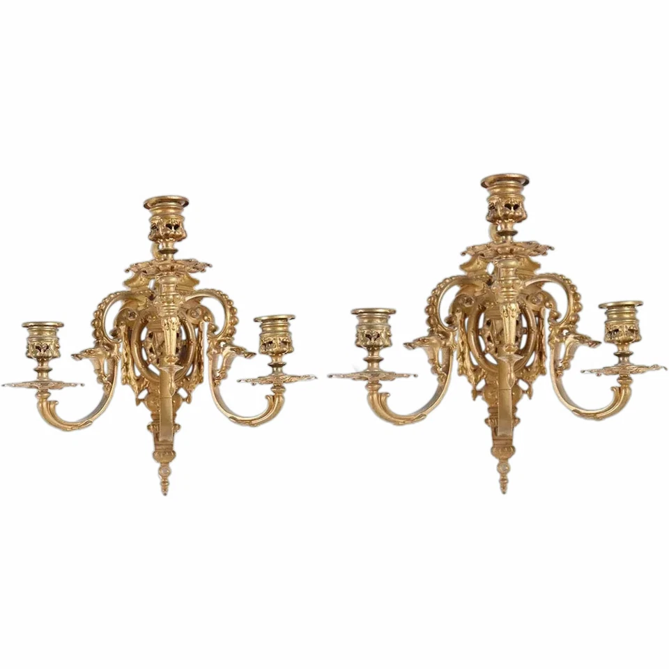 Pair Antique French Renaissance Revival Brass 3-Candlelight Wall Sconces c. 1890 - Image 1 of 4