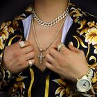 Mens 14K Gold Plated Cross 18 Cubic Zirconia Cuban And 24 Tennis Chain Bad Bunny