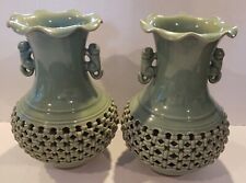 Large Pair Of Vintage Signed Celadon Korean Pottery Vases Reticulated Cranes 