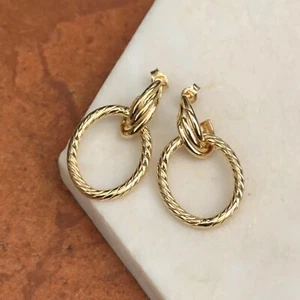 10KT Yellow Gold Ribbed Oval Door Knocker Vintage Design Post Dangle Earrings - Picture 1 of 6