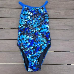 TYR Durafast Labyrinth Blue geometric DiamondFit 1 Pc Swimsuit Girls Sz 22 NEW - Picture 1 of 3