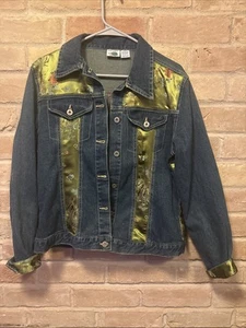 Chaqueta de mezclilla para mujer Me & Max (L) con parches de pájaro dragón asiático verde brillante - Imagen 1 de 13