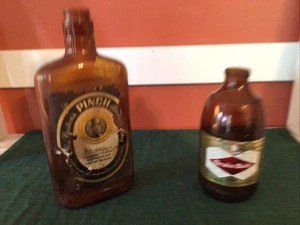 Vintage  Amber Pinch Boston Distiller Whiskey Flask & Original Grain Belt Bottle - Picture 1 of 14