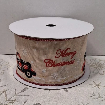 Rustic Christmas Truck Wired Ribbon - "Merry Christmas" Burlap Style Crafting - Image 1 of 4