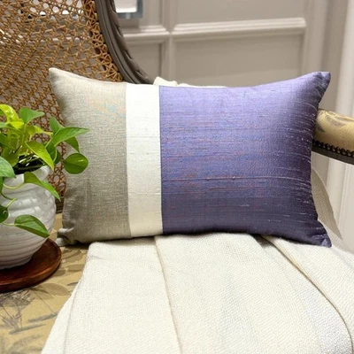 Luxury Lumbar Pillow Cover Set of 2 Color Block, Patchwork - Purple Silk Essence - Image 1 of 4