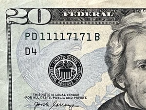 Six Of A Kind 1s Fancy Serial Number 20 Dollar Bill (RARE) - Picture 1 of 3