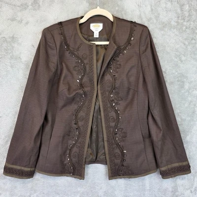 Chaqueta Talbots para mujer 10 marrón adornada con cuentas frente abierto forrada elástica Foto 1 de 4
