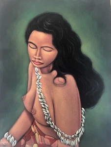 Tropical Nude Hawaiian Girl Polynesian Girl Black Velvet Oil Painting Signed Art - Bild 1 von 4