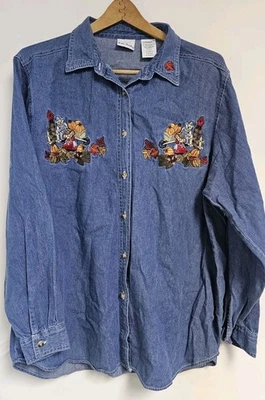 Bobbie Brooks Women’s Embroidered Blue Denim Button Up Shirt Size XL Fall Mice  - Image 1 of 4