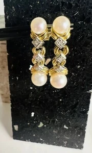 14K Yellow & White Gold - Diamond & Pearl Articulated Dangling Estate Earrings - Picture 1 of 9