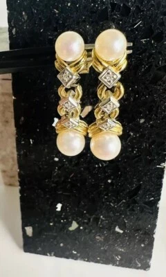 14K Yellow & White Gold - Diamond & Pearl Articulated Dangling Estate Earrings - Image 1 of 4