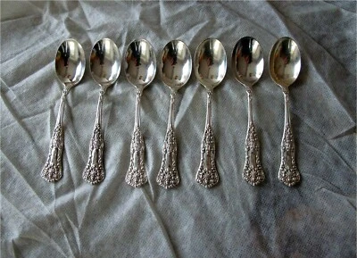 7 cucharas de café Birks Queens patrón plata de ley excelente 186 gr  Foto 1 de 4