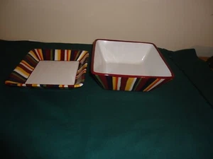 Pampered Chef Simple Additions 7.5" Square Striped Serving Bowl & 7.25" Plate - Picture 1 of 6
