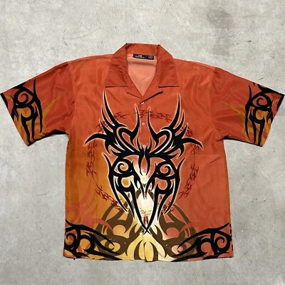 Y2K Tribal Collared Shirt XL Orange Short Sleeve Cyber Mall Goth City Impact - Image 1 of 4