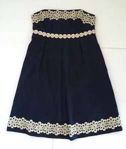 Lilly Pulitzer Betsey Navy Blue and Gold Jacquard Strapless Dress Size 8 - Picture 1 of 18