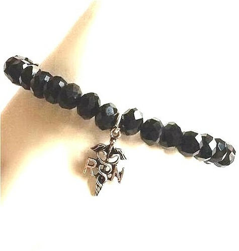 HERMÈS Bracciale Charm Infermieristica RN Caduceo Perline Nere Infermiere Laurea Regalo Medico USA