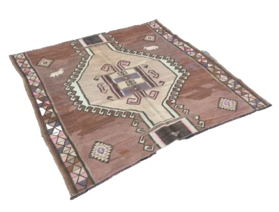 oriental turkish kilim rug , animal motif , square size , geometric pattern - Image 1 of 4