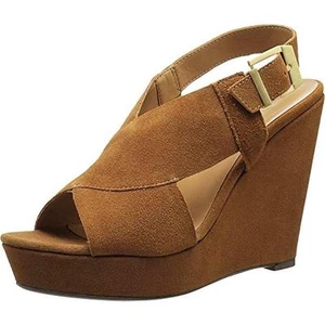 REPORT $129 BROWN Suede Leather Platform WEDGE SANDAL SHOE HEELS SZ 8.5 M NWT - Picture 1 of 4