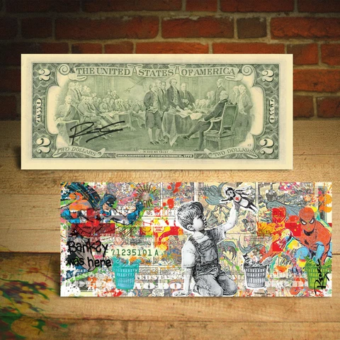 Banksy Game Changer Pop Art $2 Bill HAND-SIGNED by Rency Batman & Spider-Man Cover