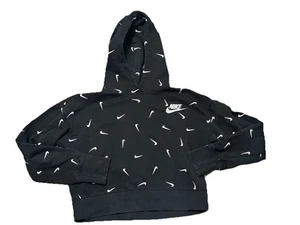 Nike Girls' Printed Crop French Terry Hoodie Sweatshirt Black White XL - Picture 1 of 6