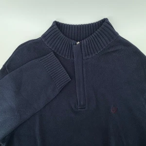 CHAPS Navy Blue Cotton 1/4 Zip Mock Neck Sweater Mens L Chest Logo - Picture 1 of 9