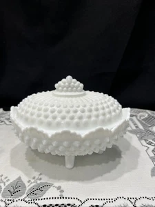 VTG Fenton White Milk Glass Hobnail Oval Footed Covered Candy Dish with Lid - Picture 1 of 6