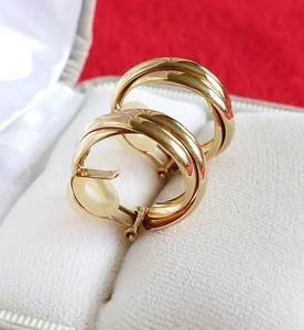 Vintage HOOP EARRINGS 18K Yellow Gold Filigree Three-Ring Cross K18 - Picture 1 of 9