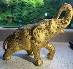 H517~ Weeping Bright 22K Gold Hand Decorated Ceramic Large Elephant Trunk Up 9"T - Picture 1 of 10