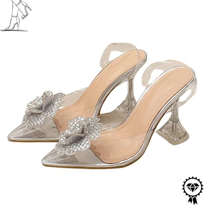 Flower Wedding Silver Womens Crystal Rhinestone Transparent High Heels Shoes - Image 1 of 4
