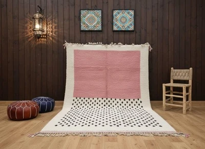 Pink and White Area Rug with Black Diamond Pattern – Handwoven Wool Moroccan - Image 1 of 4