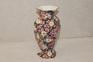 Royal Winton Grimwades 1995 Chintz Large Vase - Black Floral - Hexagonal Rim - Picture 1 of 4