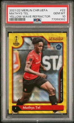 2021-22 Topps Merlin Chrome UEFA #22 Mathys Tel Yellow Wave #/225 Rookie PSA 10 - Image 1 of 2