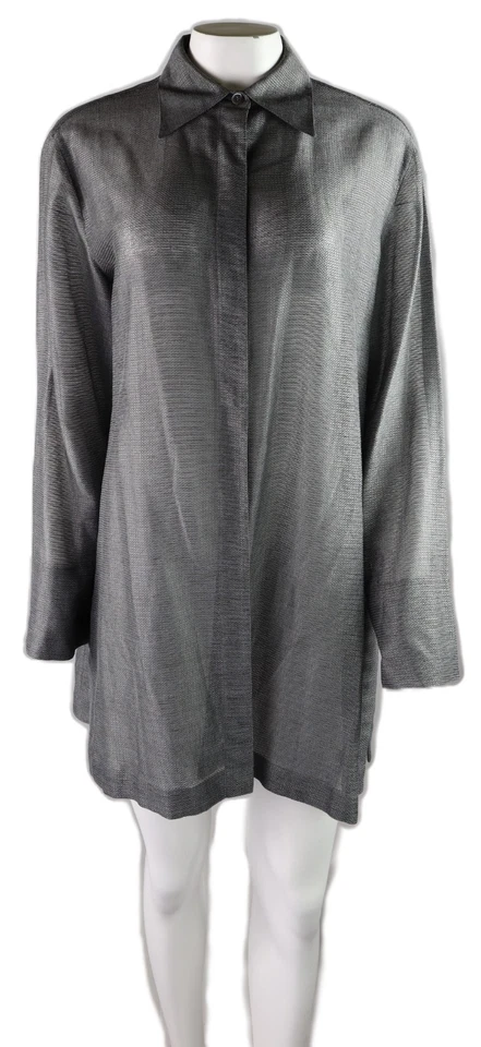Blusa túnica ANNE KLEIN US para mujer grande gris con botones texturizada manga larga Foto 1 de 4