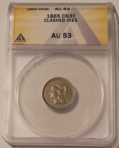 1865 Three Cent Nickel Clashed Dies (Error) AU53 ANACS - Picture 1 of 4