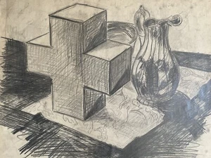 Expressive Drawing Still Life With Cross And Art Nouveau Water Jug Um 1950 - Picture 1 of 11