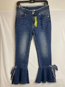 NWT Gianni Bini Blue Denim Bell Fringe Flare Statement Jeans Bottom Size S Crop - Picture 1 of 15