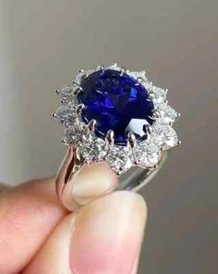 Fede Nuziale Diamante Zaffiro Blu Taglio Ovale Naturale 5,56 Ct Vero Oro Bianco 14K - Foto 1 di 7